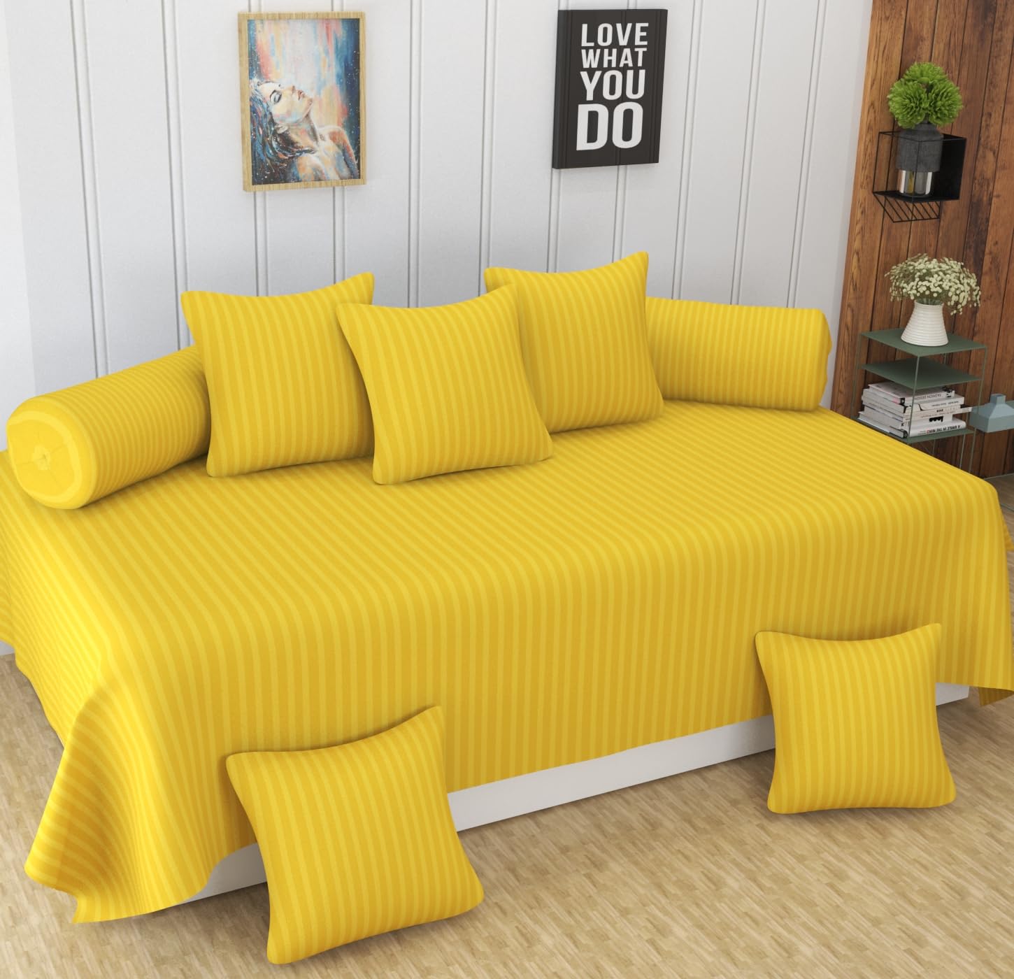 Homefab India 160 TC Stripe Glace Cotton Diwan Set - 8 Piece - Yellow-image-16