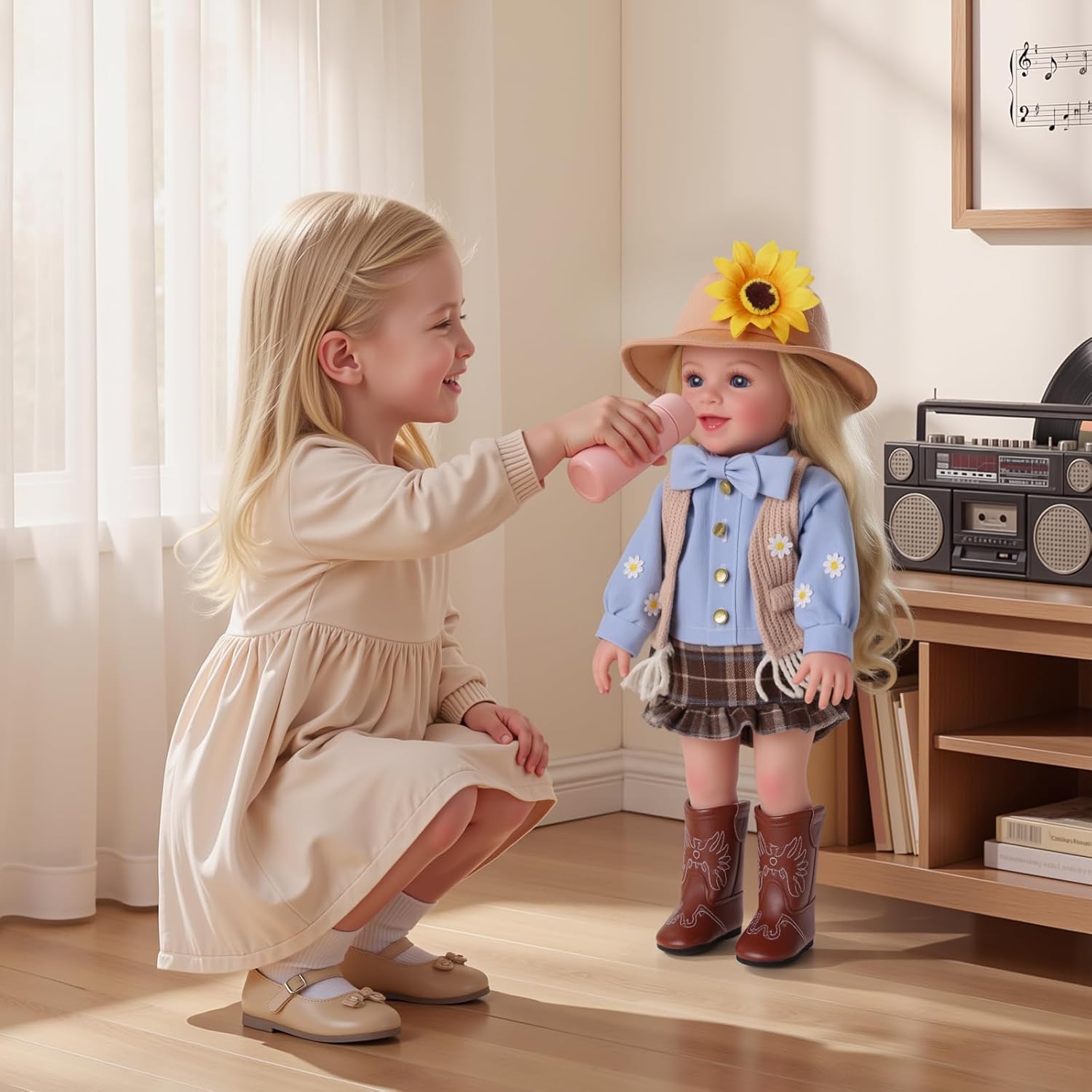 BABESIDE American Realistic Baby Doll Girl, 16 Inch Country Singer Style with Cowboy Boots & Sunflower Hat, Lifelike Doll Accessories for 3+ Year Old Girls Birthday Gifts, Pretend Play, Christmas