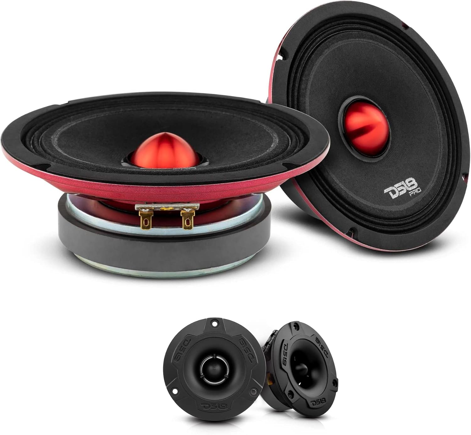 DS18 Premium Car Audio Bundle Mid and High - 2X 6.5 Slim Midrange Shallow Bullet Loudspeaker 500 Watts Peak and 2X 3 Aluminum Super Bullet Tweeter 240 Watts Peak - 4 Speakers