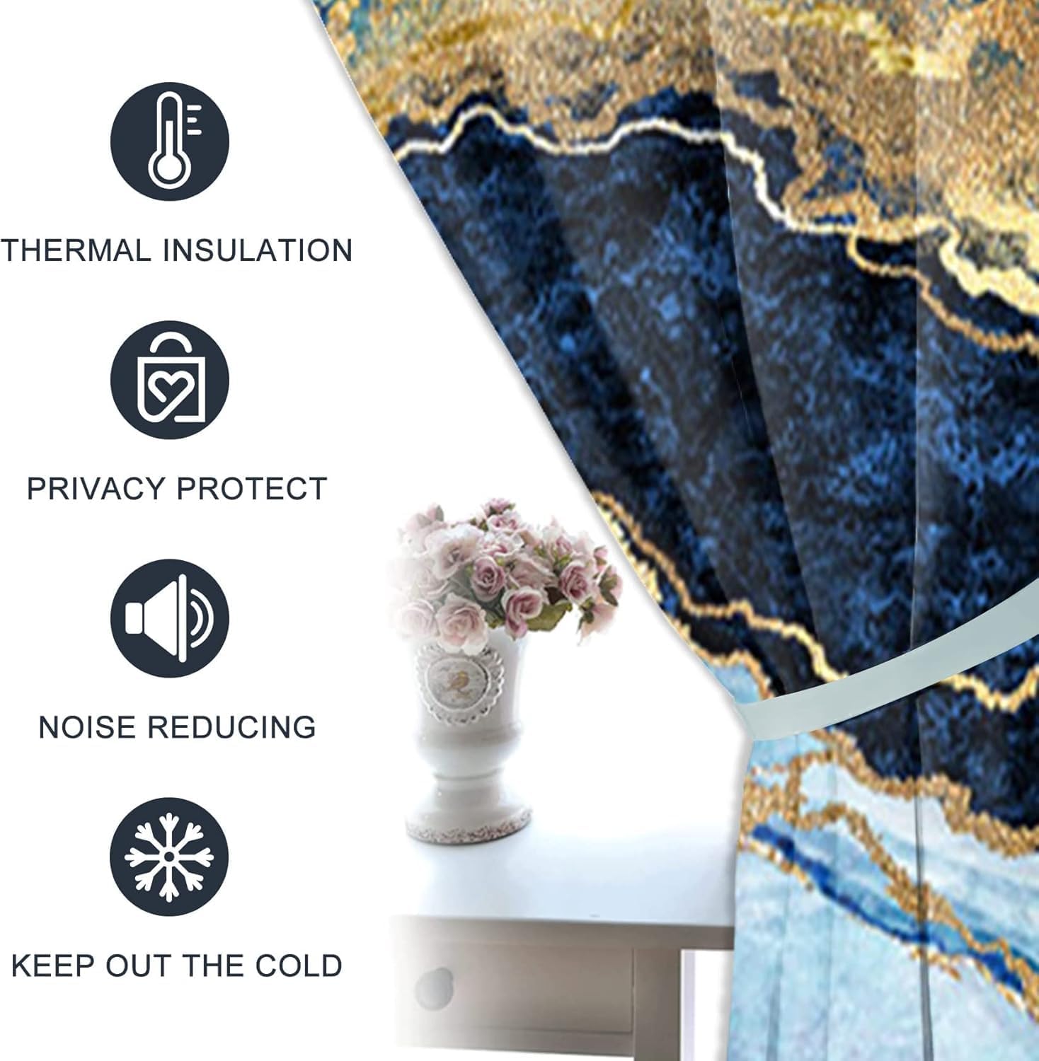 Blue and Gold Marble Blackout Curtains for Bedroom, Luxurious Stone Texture Window Pannels and Drapes for Childen's Room, Light Blocking Curtains for Living Room,2 Panels,Each W21 xL63