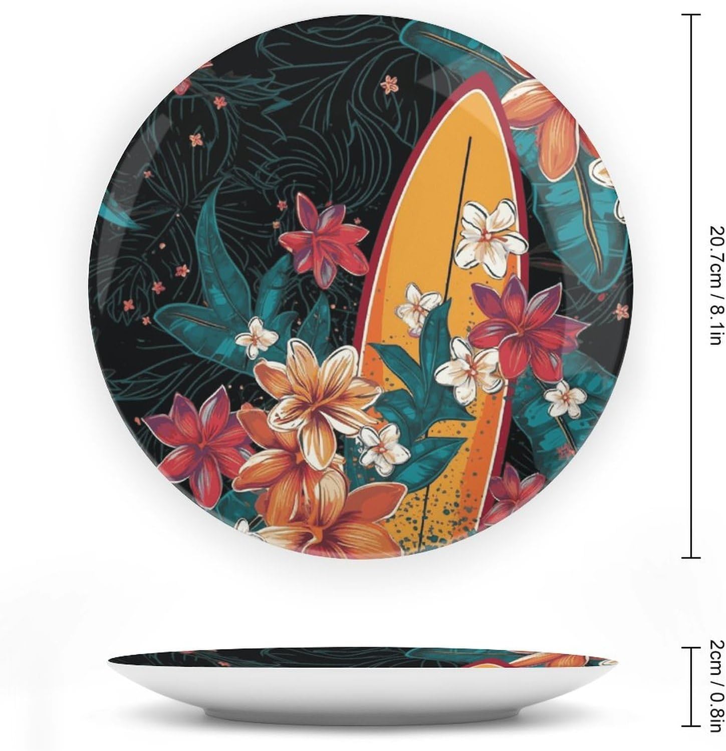 Surfboard And Flowers Bone China Decorative Plate with Display Stand, Ceramic Ornaments Plate for Wall Hanging, Personalized Porcelain Plates for Office, Living Room 8inch