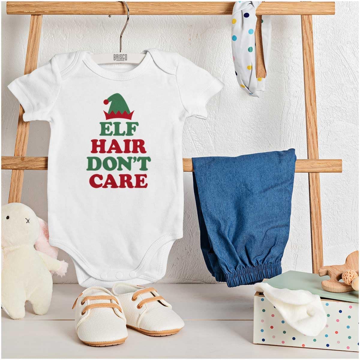 Brisco Brands Christmas Elf Hair Don't Care Baby Romper Boys or Girls