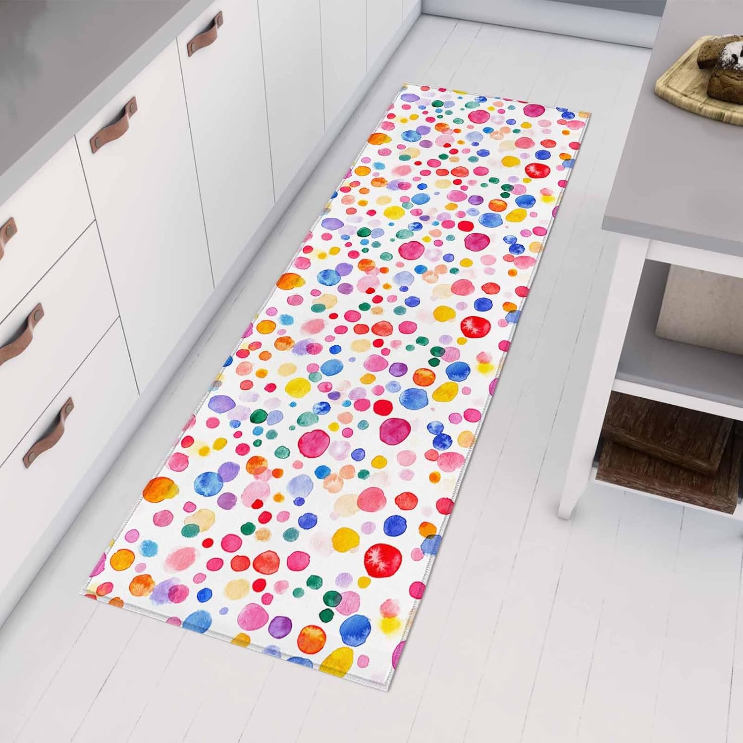 Teamery Kitchen Mats for Floor Watercolor Polka Dot on White Washable Non Slip Kitchen Rugs 1PCS, Seamless Colorful Balls Absorbent Standing Mats for Sink Bathroom Office Living Room 15.7x47.2in
