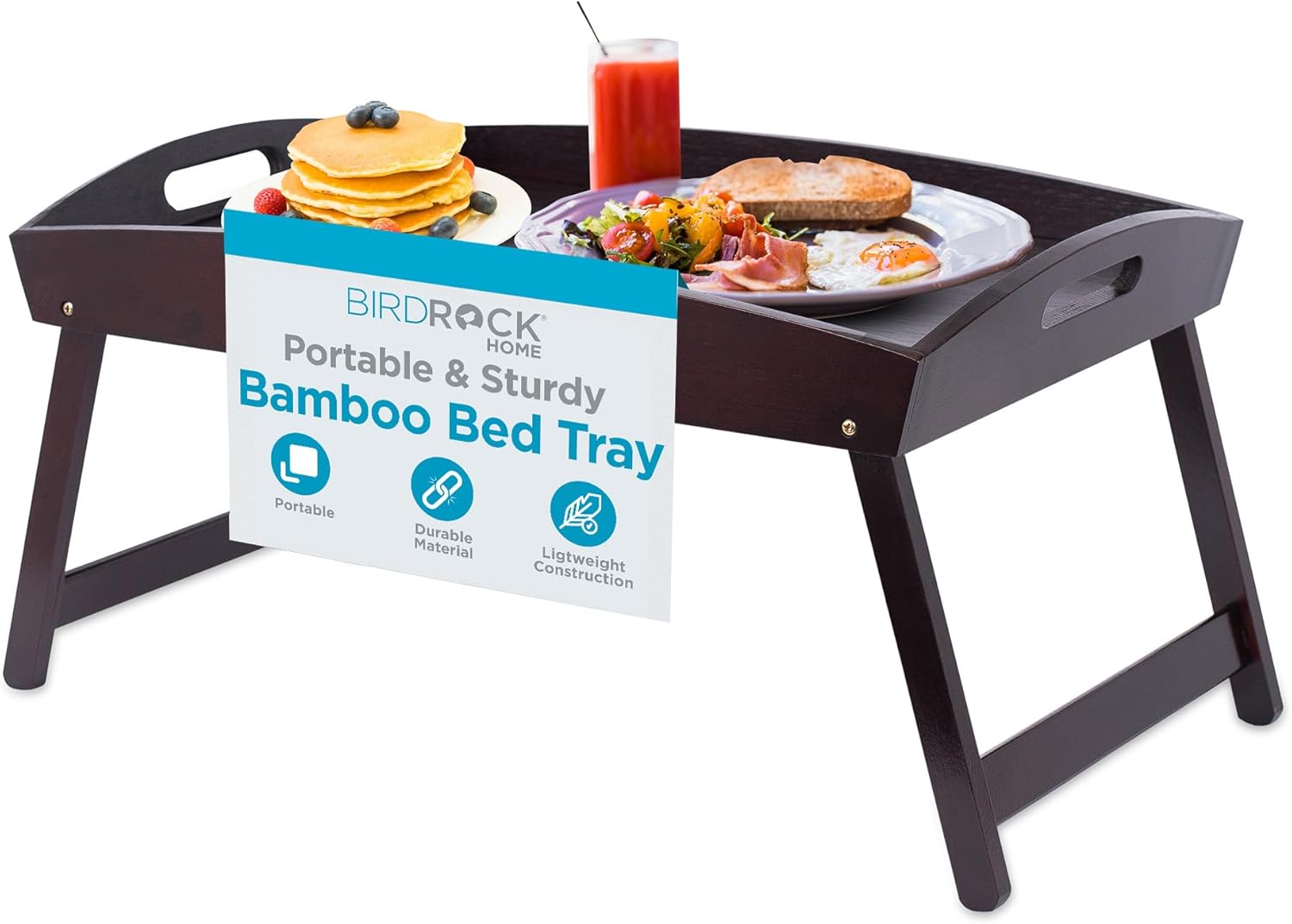 BirdRock Home Bamboo Bed Tray | Wooden Curved Sides Breakfast Serving Tray with Folding Legs | Walnut