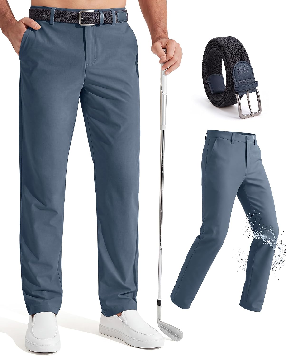 Coume Men Golf Pants Stretch Work Dress Pants Casual Slim Fit Joggers Lightweight Quick Dry Running Travel with Belt Pockets