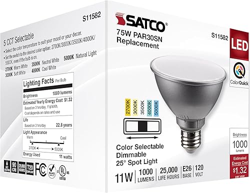 Miniatura 8 de Satco Bombilla LED S11582 PAR30SN de 11 vatios, CCT ajustable, 120V, ángulo de haz de 25, acabado plateado, ideal para oficina, tienda, uso