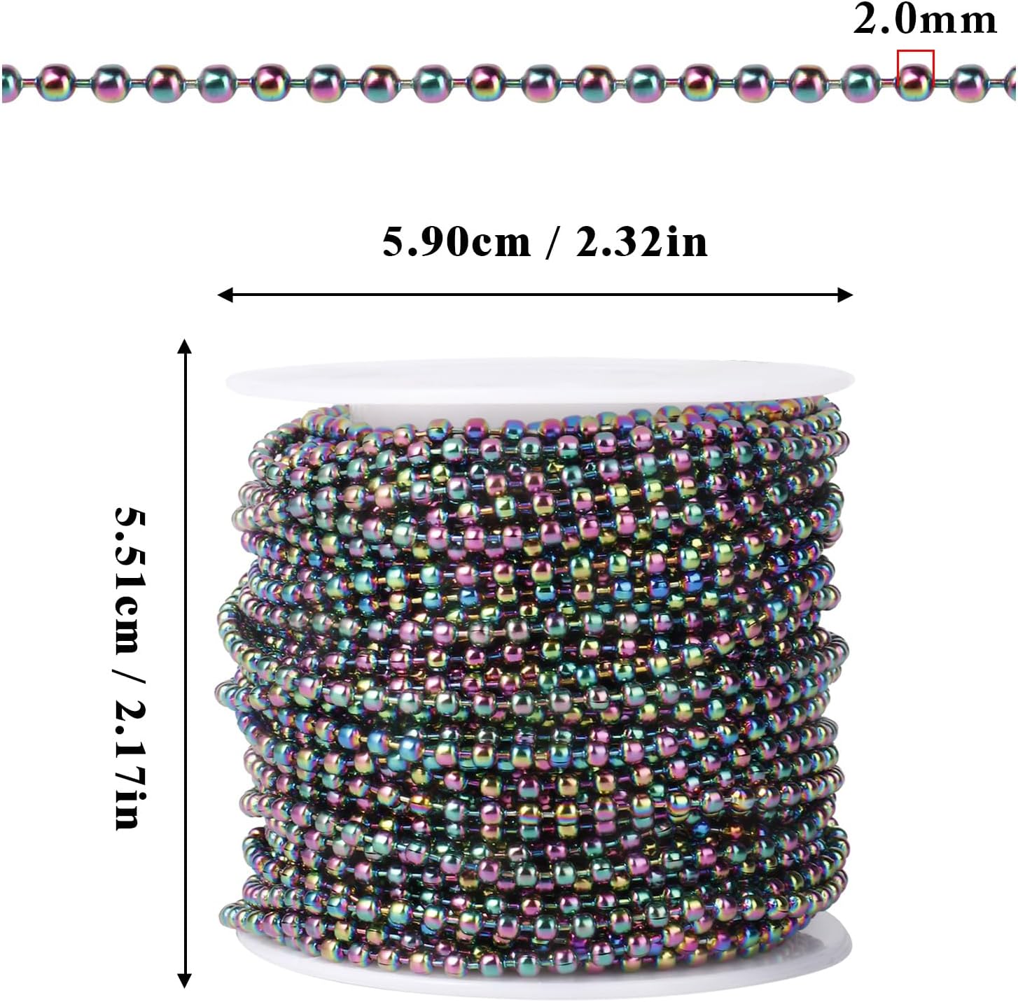 [50 Feet] Rainbow Stainless Steel Ball Bead Chains Roll, 2mm Width 304 Stainless Steel Ball Chains Spool with 30 PCS Connectors Bulk for Jewelry Making