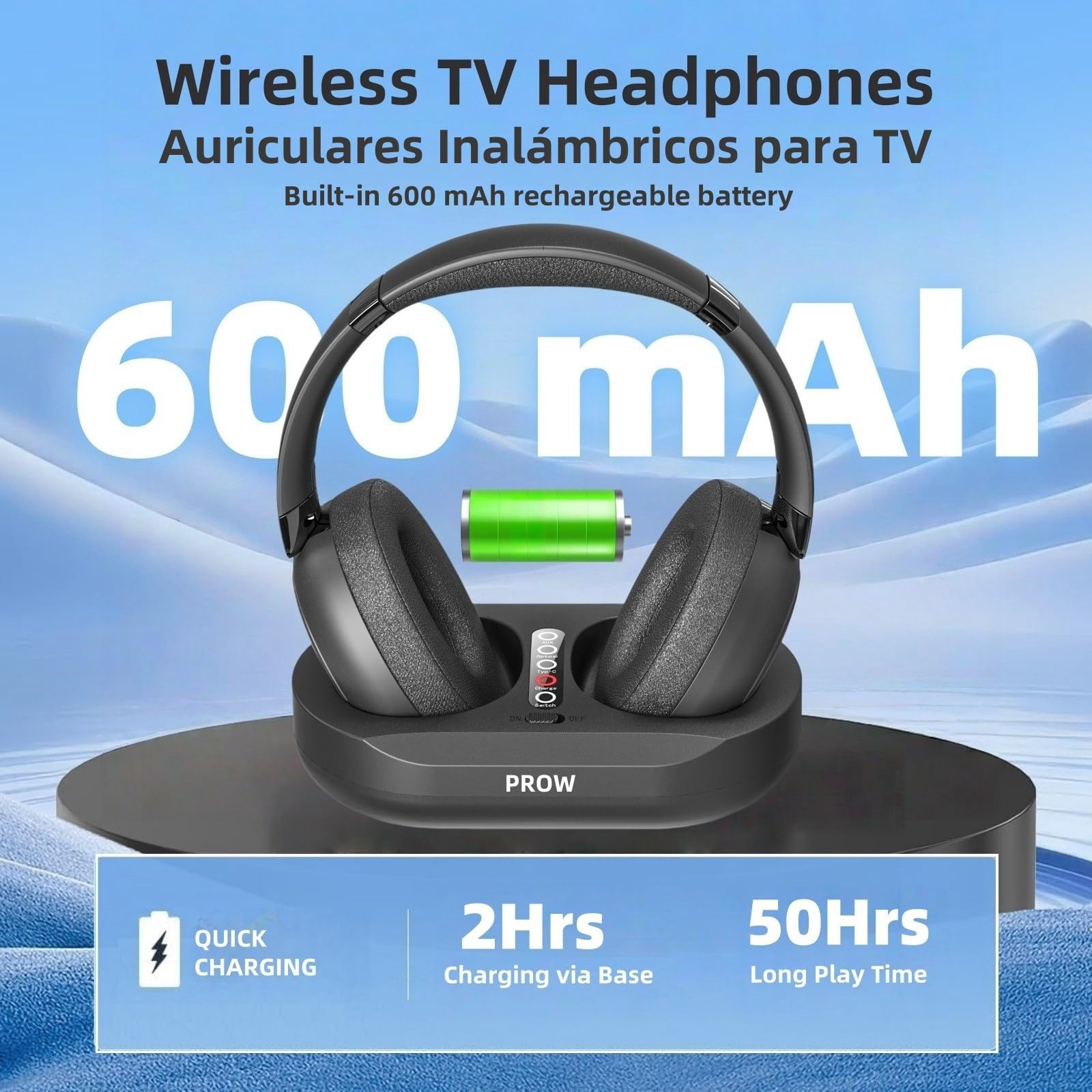 Auriculares Inalámbricos para TV, 2.4G y Bluetooth 5.3 Modo Dual Auriculares TV para Ancianos, Sin Retraso de Sincronización Labial, Aptos para Ancianos con Base Transmisión, Soporte Óptico/USB/RCA/BT