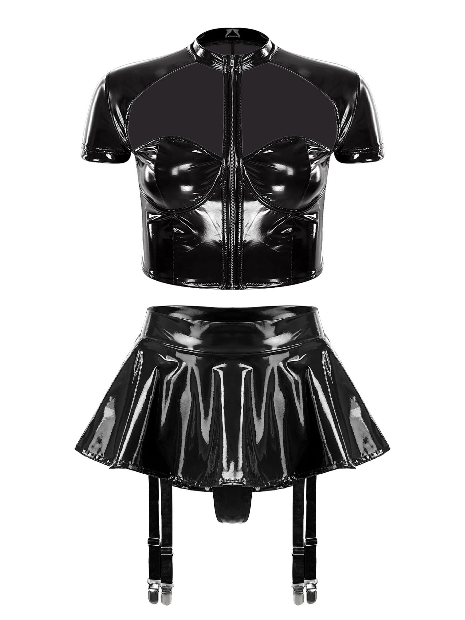 Agoky Ensemble Vêtement De Nuit Cuir Verni Femme Haut Camisole Et Mini Jupe Porte Jarretelle Lingerie érotique Clubwear Noir 3XL