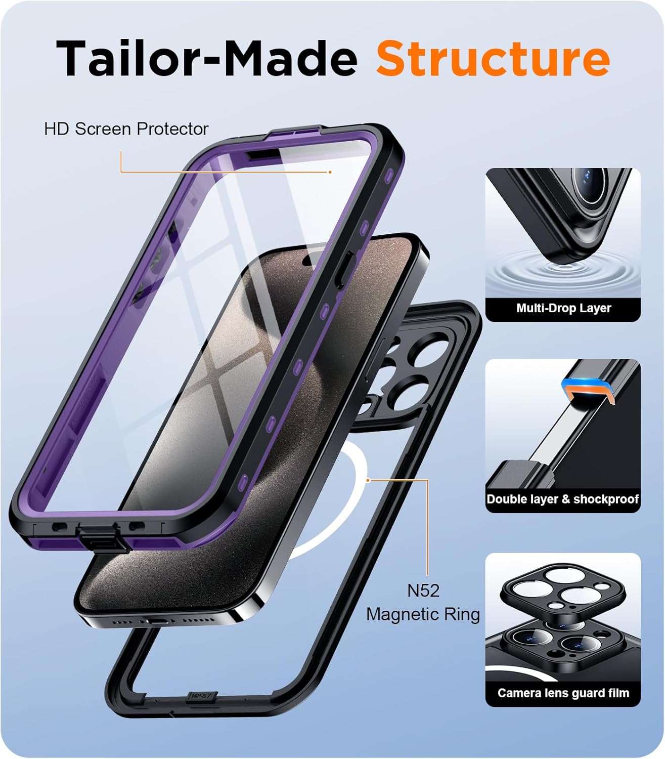 Temdan Magnetic for iPhone 15 Pro Max Case Waterproof,Built-in Screen Protector[IP68 Underwater][Upgrade Military Dropproof][Compatible with MagSafe] Full Body Shockproof Translucent Case 6.7''-Purple