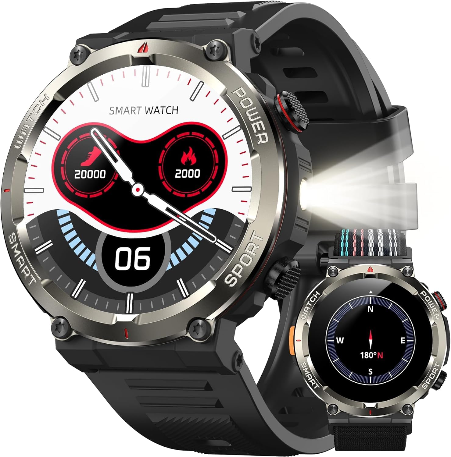 IOWODO Montre Connectée Homme, Appels Bluetooth, Batterie 960mAh, Boussole, Lampe de Poche, 100+ Modes Sportifs, Analyse de la Fréquence Cardiaque et du Sommeil, Android/iOS