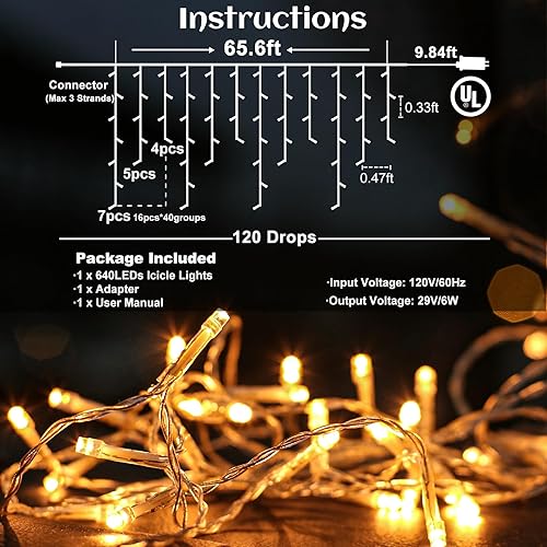 Miniatura 4 de Luces de carámbano para exteriores, 66 pies, 640 luces LED, 8 modos con 120 gotas, tira de luces de cortina impermeable con temporizador y función