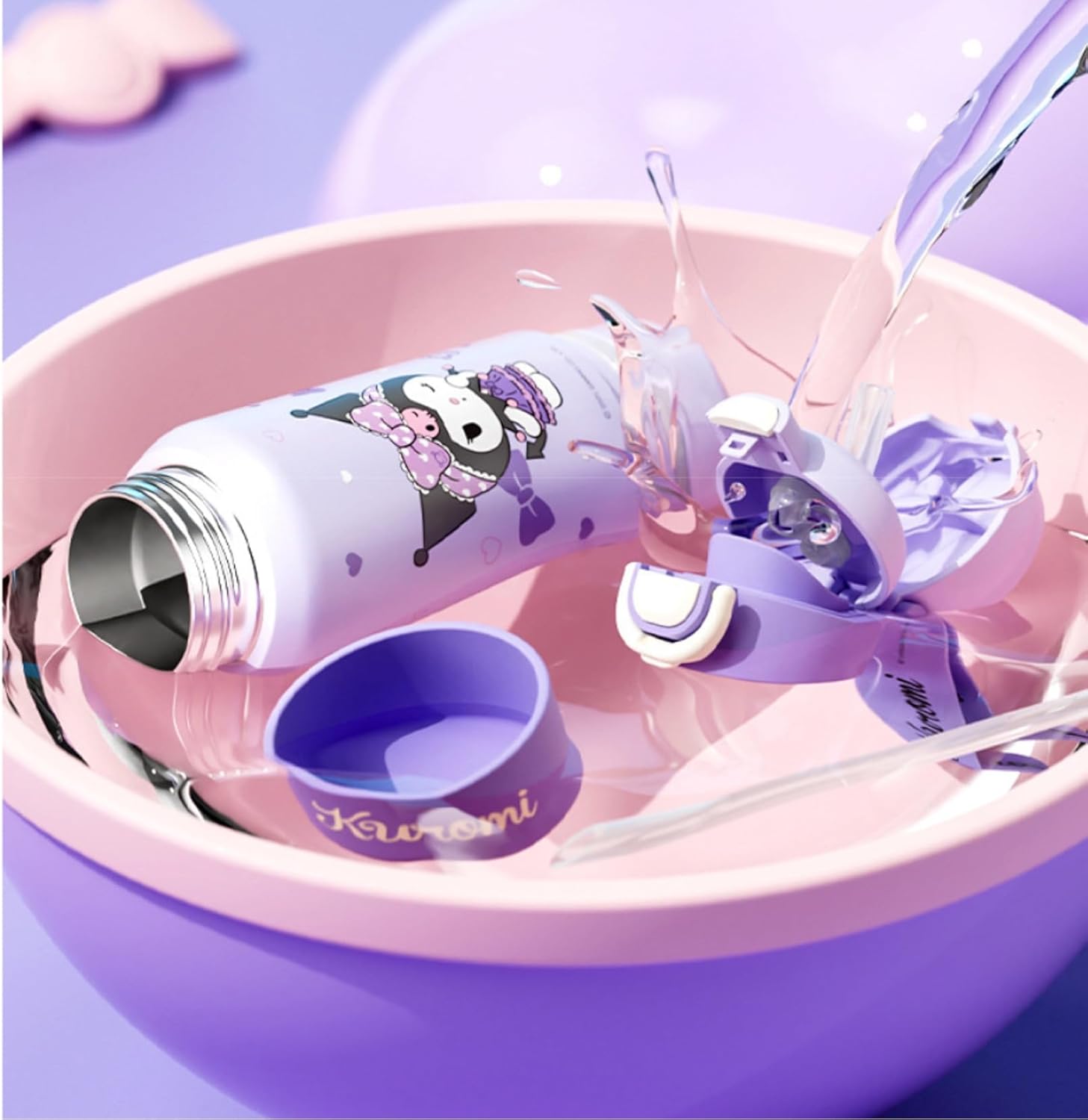 Kuromi Stainless Steel Insulated Water Bottle with Strap (Spout & Straw) 580ml - Purple