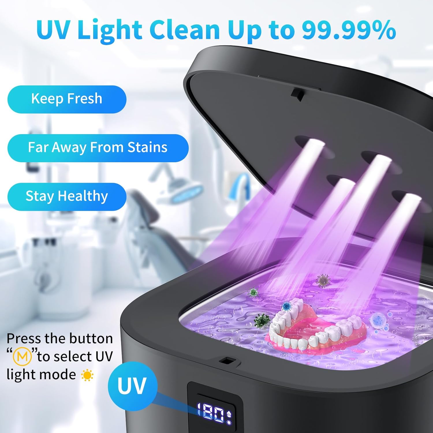 Ultrasonic Retainer Cleaner Machine, 48KHz Dental Cleaning Pod for Denture, Mouth Guard, Aligner, Night Guard, Braces, Toothbrush Heads, Jewelry with Digital Timer & 6 Modes, 13oz Capacity, Black