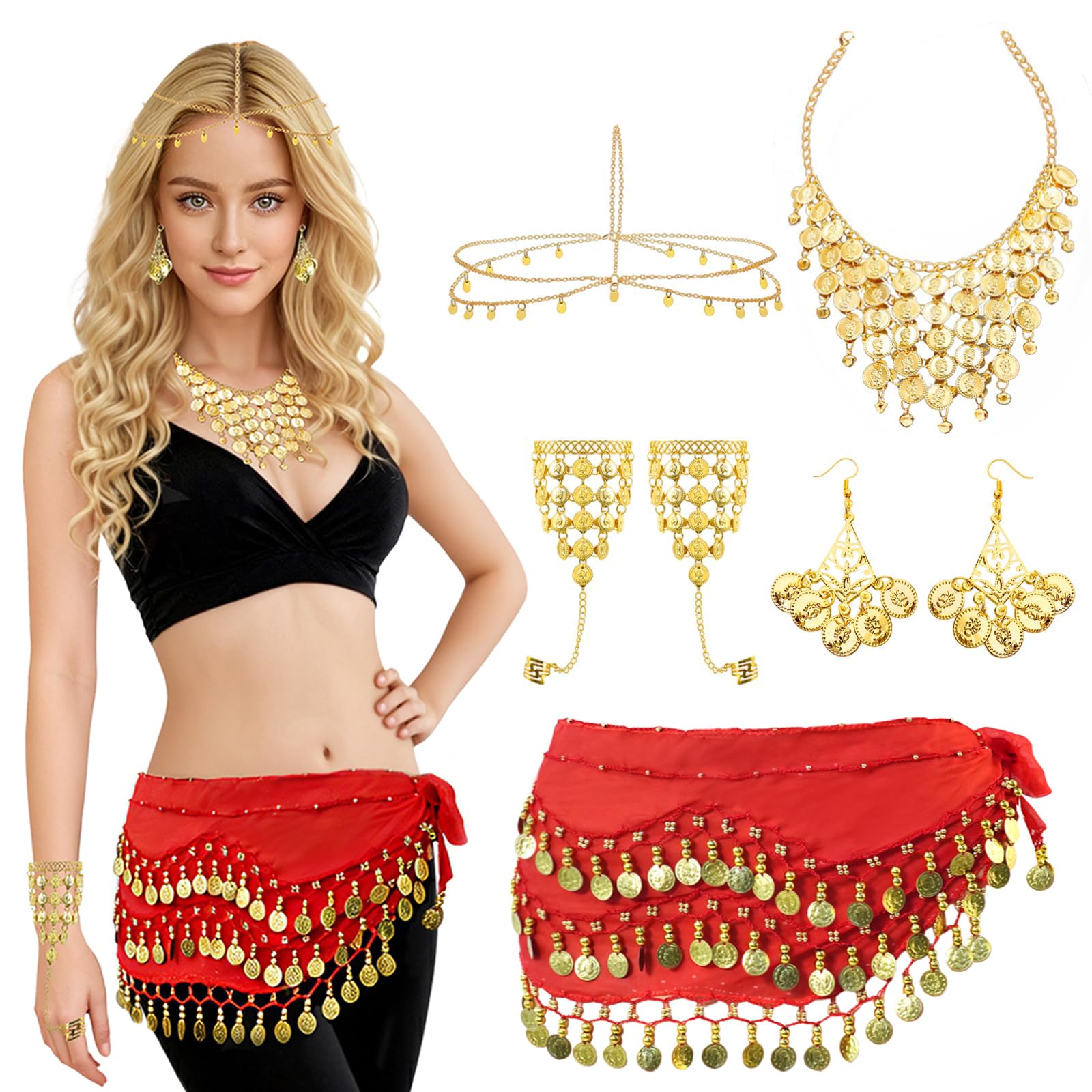 Baisdan 7 Pcs Belly Dance Jewelry Set, Fortune Teller Costume, Belly Dance Hip Scarf with Gold Coins, Sequin Head Chain, Necklace, Earrings, Bracelets Accessories for Halloween Carnival