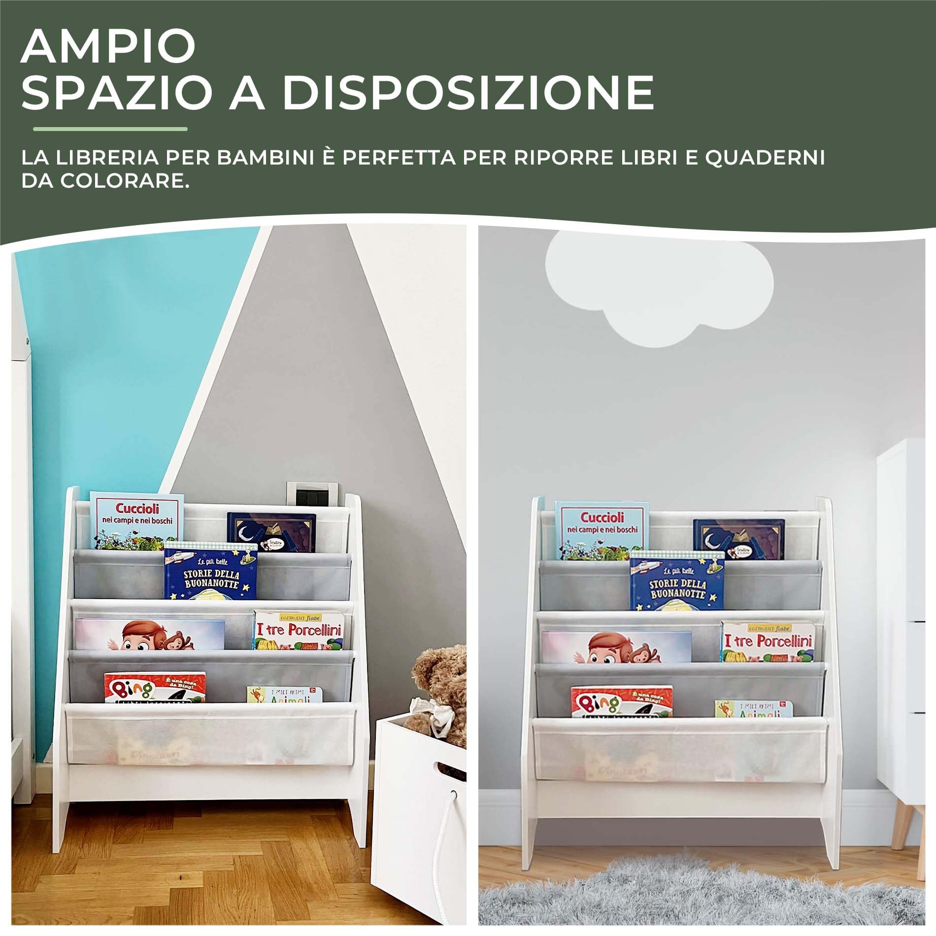 Rebecca Mobili Scaffale Per Bambini, Libreria Montessori, Bianco Grigio, MDF TNT, Con 4 Ripiani, Per Libri Quaderni - Misure HxLxP: 71 x 61 x 29 cm - Art. RE6845