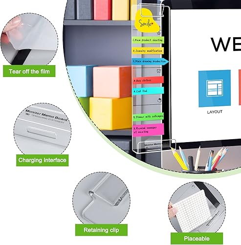 Miniatura 2 de Tablero de notas para monitor de computadora, monitor multifuncional, panel lateral, estante de almacenamiento de notas adhesivas, con soporte para