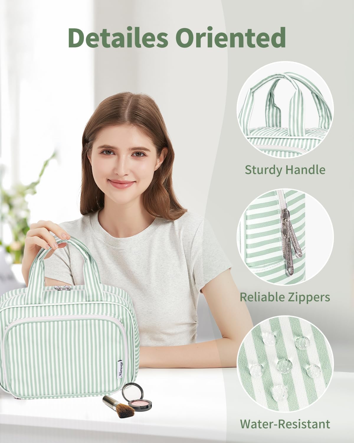 Narwey Large Travel Toiletry Bag for Traveling Women, Cosmetic Makeup Bag Make Up Organizer, Striped Travel Bag for Toiletries with Handle (Mint Green Stripe) - Image 6