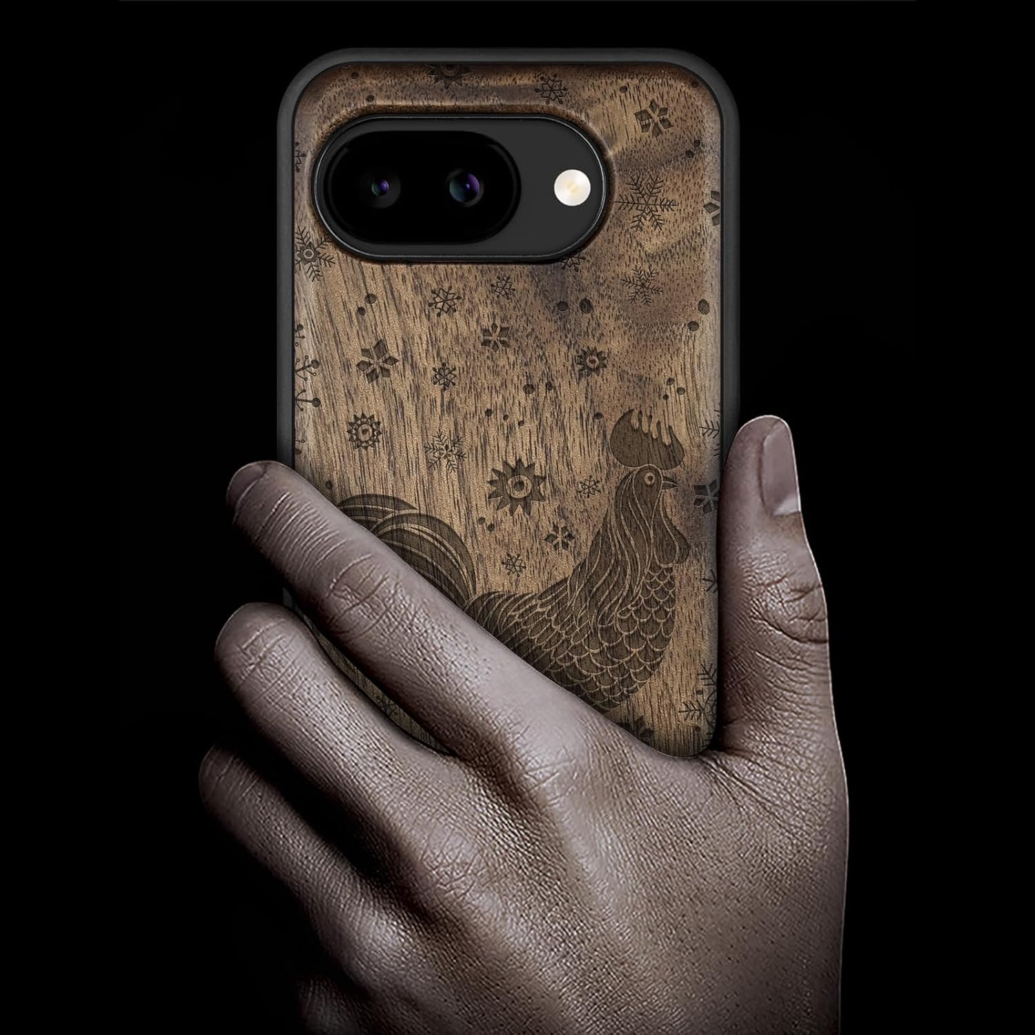 Carveit Magnetic Wooden Case for Google Pixel 10a Case, Wood Artisan Engraved & Soft TPU Shockproof Cover, Compatible with MagSafe Wireless Chargers (Rooster Winter Spirit) Walnut