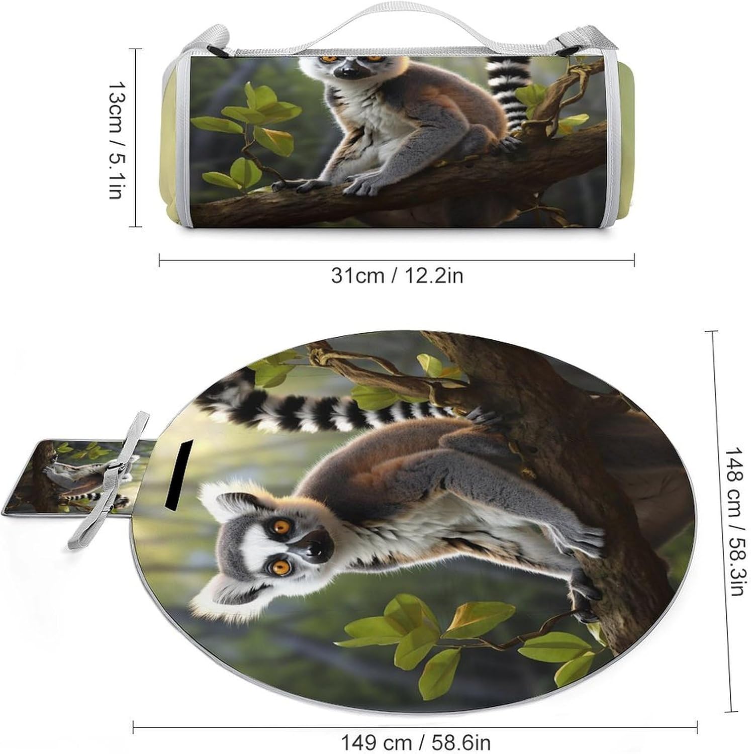 Ringtailed Lemur Round Outdoor Picnic Mat Foldable Waterproof Beach Camping Blanket Outdoor Rug with Sponge Padding