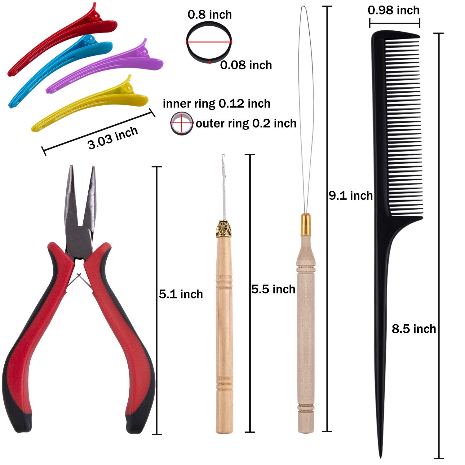 Duufin Hair Extensions Tools Kit 1500 Pcs Micro Ring Beads(Black, Blonde and Brown) 1 Micro Beads Plier 2 Hook Needle Pulling Loop 4 Plastic Alligator Clips 1 Comb and 2 Bags Black Mini Rubber Bands