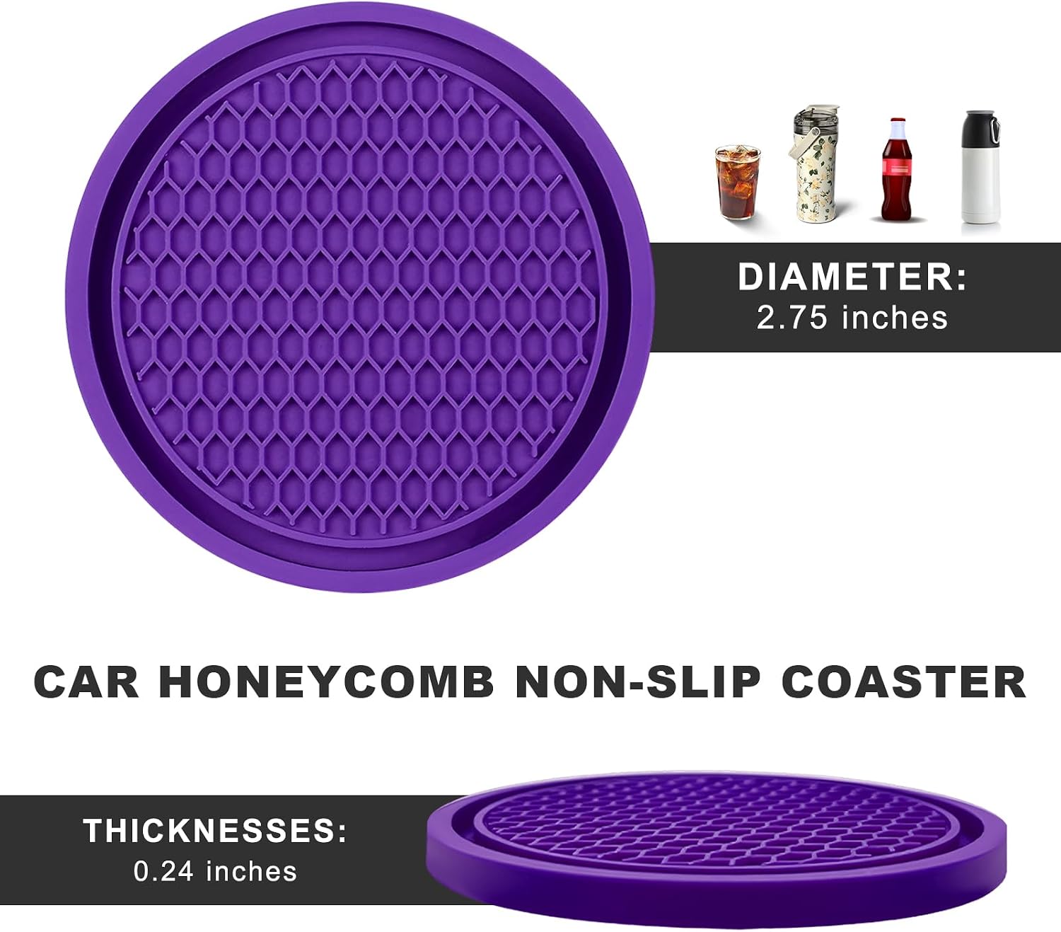 4 PCS Car Cup Coasters, 2.72" Non-Slip Silicone Auto Drink Holder Waterproof Cup Mat, Universal Honeycomb Shape Insert Coaster for Most Cars Trucks SUVs, Car Accessories (Purple) image 2