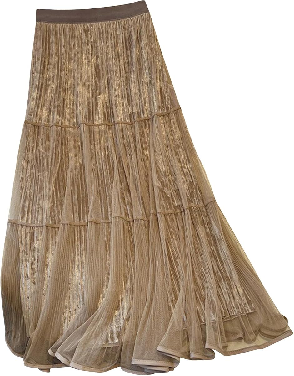 Falda larga plisada de terciopelo para mujer Falda larga fluida brillante de línea A