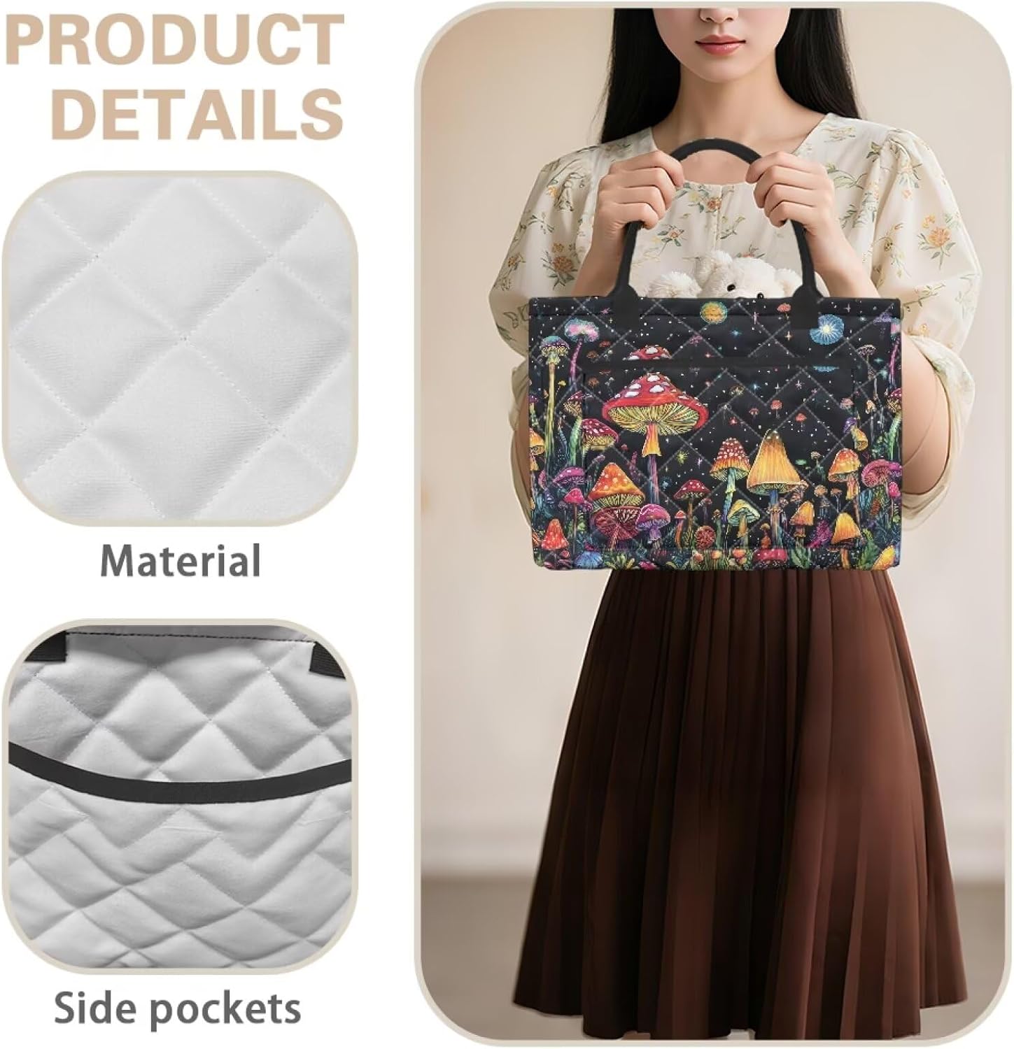 Mushroom Starry Sky Decorative Storage Basket with Handles and Pocket Quilted Laundry Hamper Storage Basket for Nursery Clothes Toys Organizer Bin