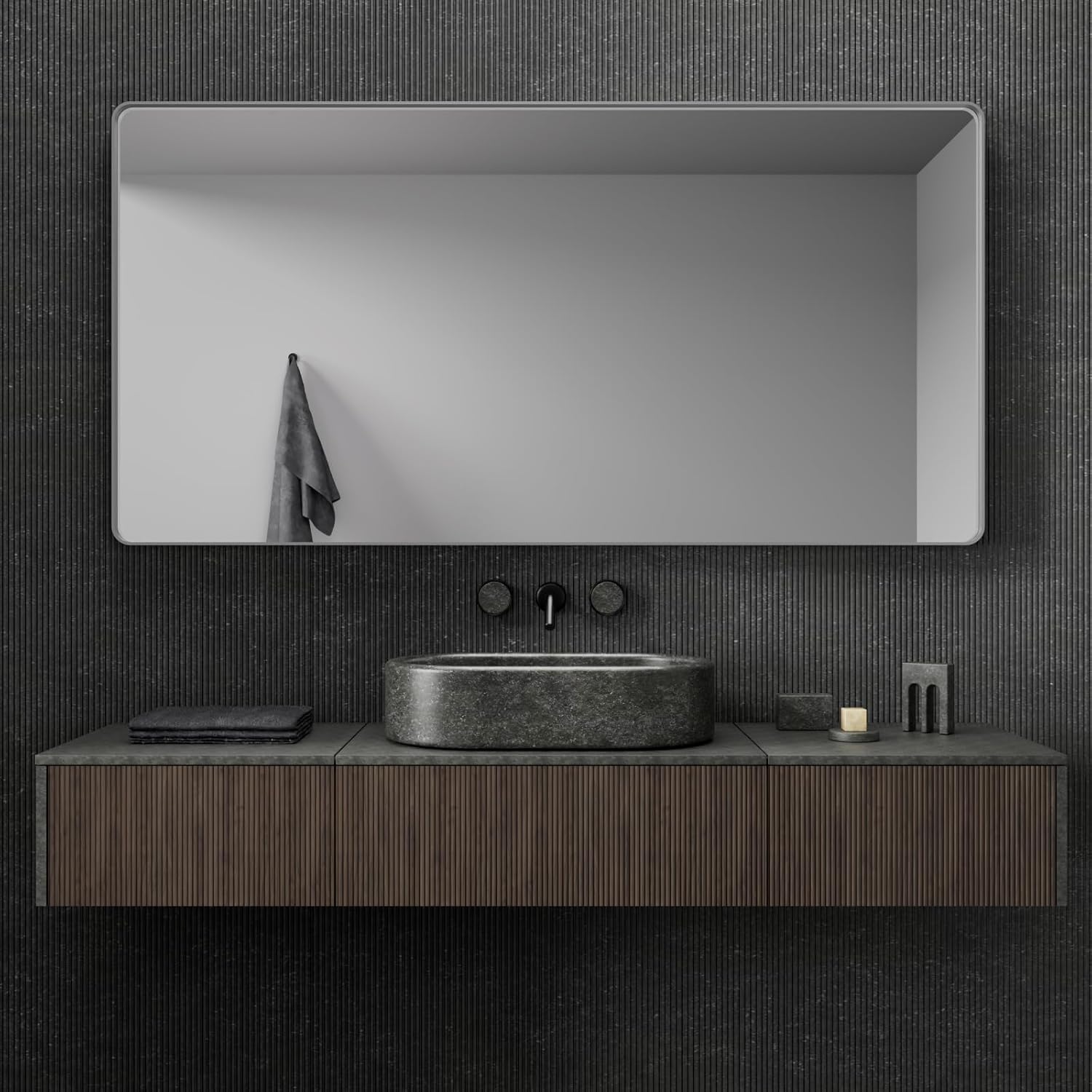 60x30 Inch Brushed Nickel Bathroom Mirror, Brushed Silver Metal Frame Mirror Wall Mounted, Rounded Rectangle Bathroom Vanity Mirror Silver, Tempered Glass, Anti-Rust, Horizontal/Vertical Silver 60"x30"