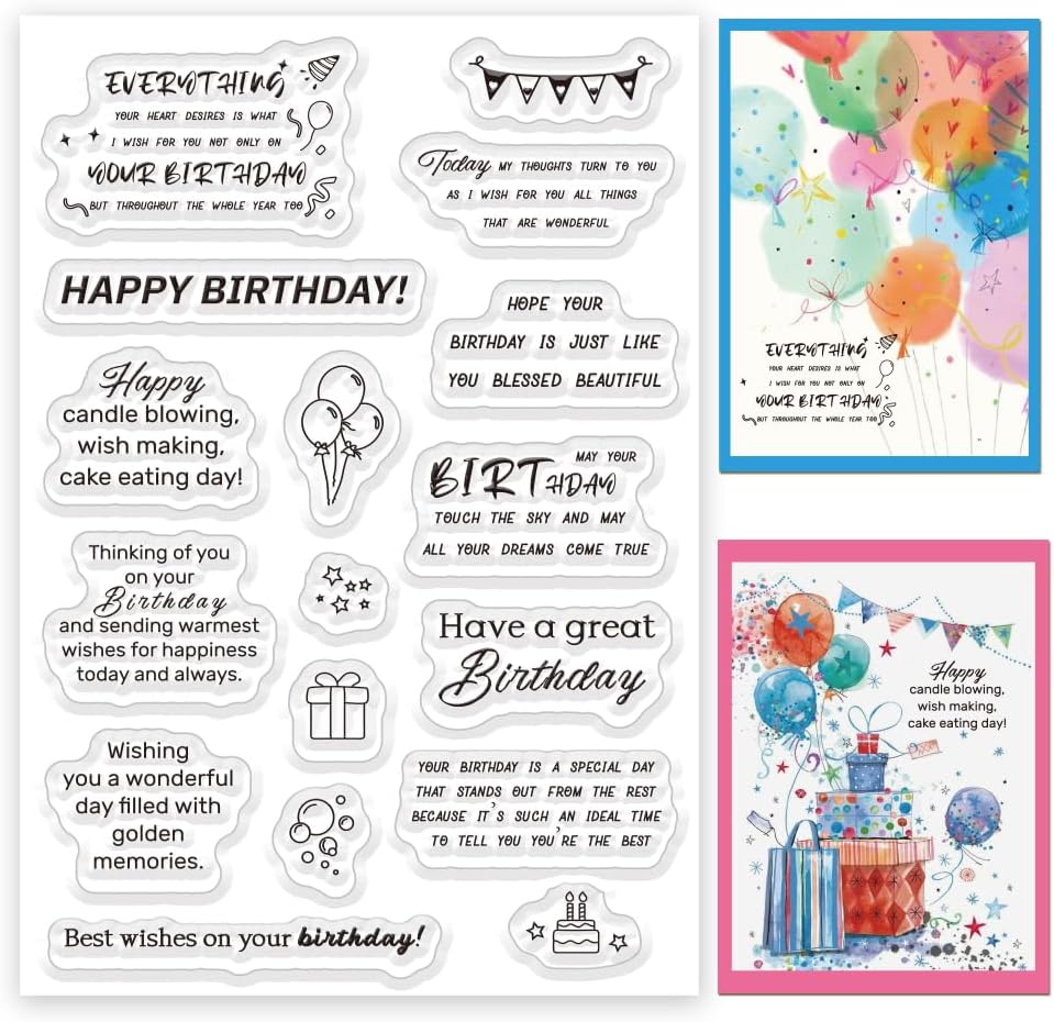 ORIGACH Happy Birthday Sentiment Words Silicone Clear Stamps for Card Making, Best Wishes Words Transparent Seal Stamps for DIY Crafting Scrapbooking Photo Album Journaling Decoration