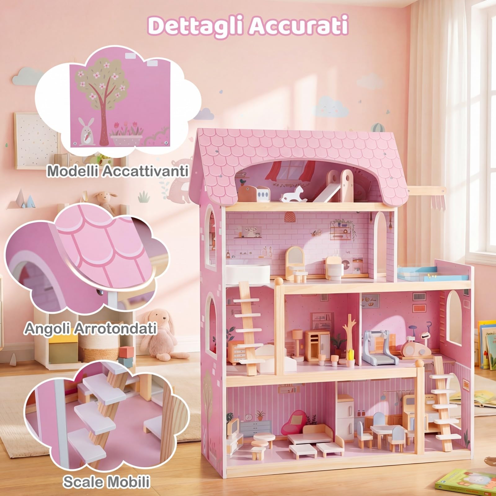 COSTWAY Casa delle Bambole in Legno, Casa Bambole con 4 Piani, 6 Stanze, Terrazza, Piscina e Scale, Casetta Giocattolo Educativo con 33 Mobili Accessori, per Bambini 3+ Anni, 63 x 25 x 78 cm (Rose)
