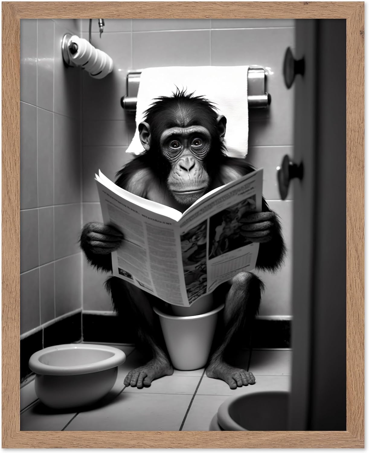 Poster Master Monkey Reading a Newspaper Print - Sitting on Toilet Poster - Funny Bathroom Decor - Humorous Guest Bath Decoration - Restroom Sign - 8x10 UNFRAMED Wall Art