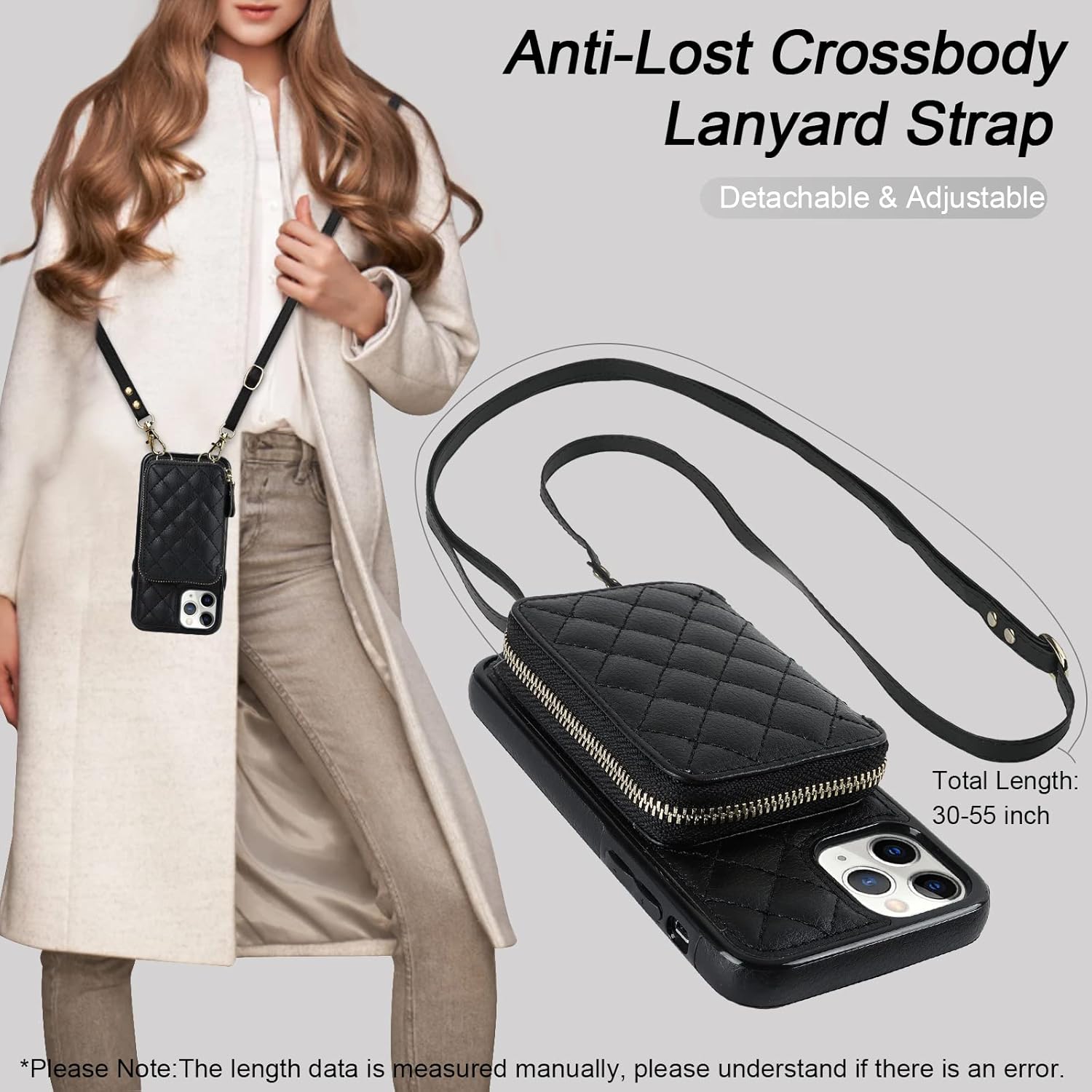 Bocasal Crossbody Wallet Case for iPhone 11 Pro, RFID Blocking PU Leather Zipper Handbag Purse Flip Cover, Kickstand Folio Case with Card Slots Holder Wrist Strap Lanyard 5.8 Inch (Black)