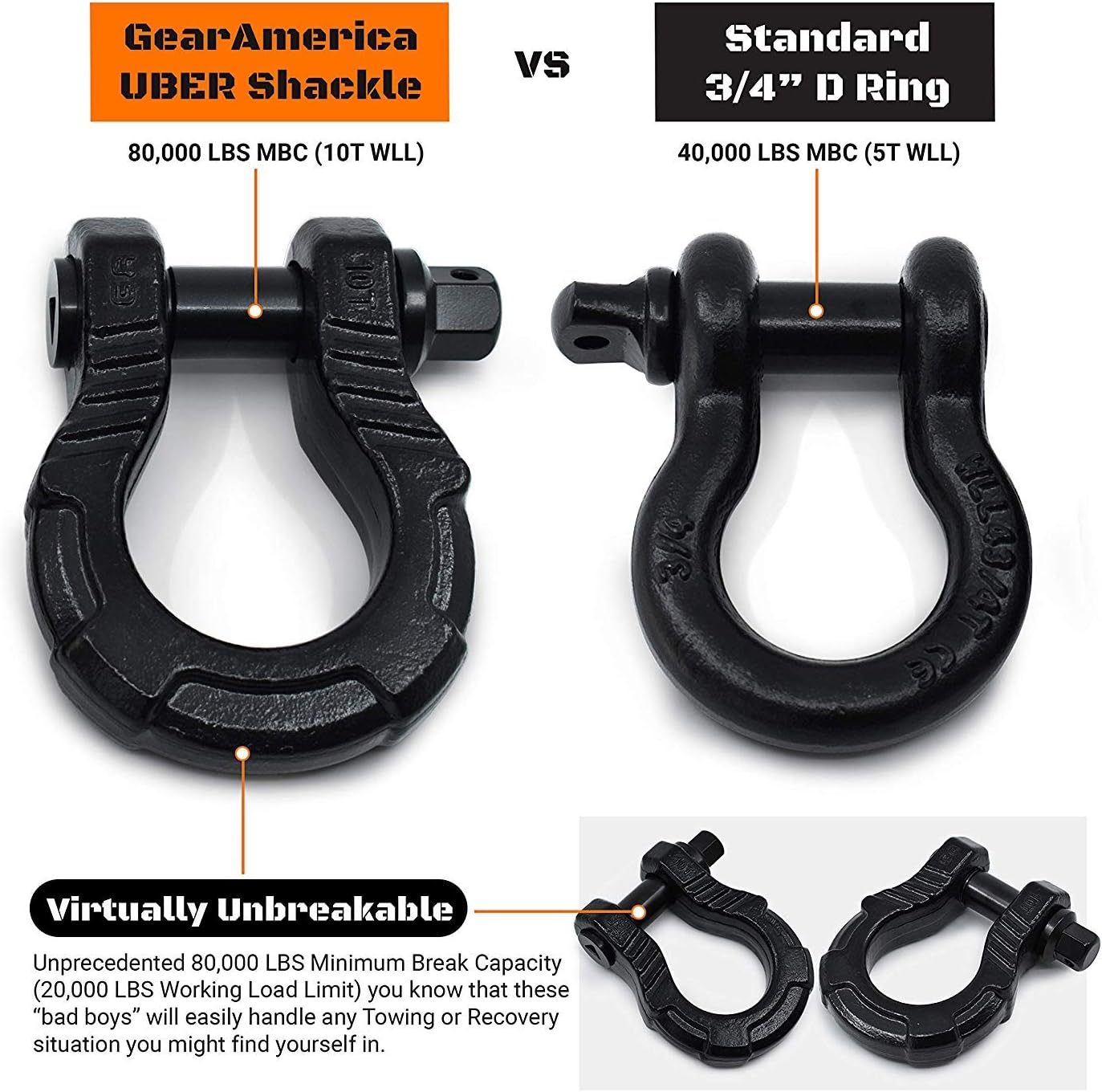 40% Off Discount GearAmerica UBER Shackles with Anti-Theft Lock – 80,000 Lbs (40 T) Strength – Connect Tow Strap or Winch Line for Off-Road Recovery – Towing D-Rings and ⅞” UberLock Security Pin – Black, 2-Pack