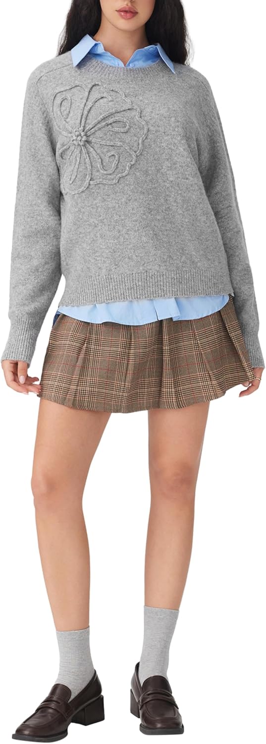 CIDER Women's Cute Sweater Crew Neck Long Sleeve Floral Pullover Fall Winter Sweaters Loose Fit Knit Top - Image 3