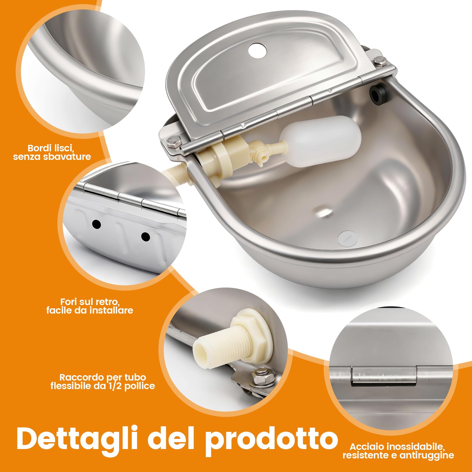 Abbeveratoio Automatico per Cani con Valvola a Galleggiante Regolabile a 2 Pezzi, Ciotola per Bestiame in Acciaio Inox con Tappo di Scarico per Bovini, Maiali, Pecore e Cani