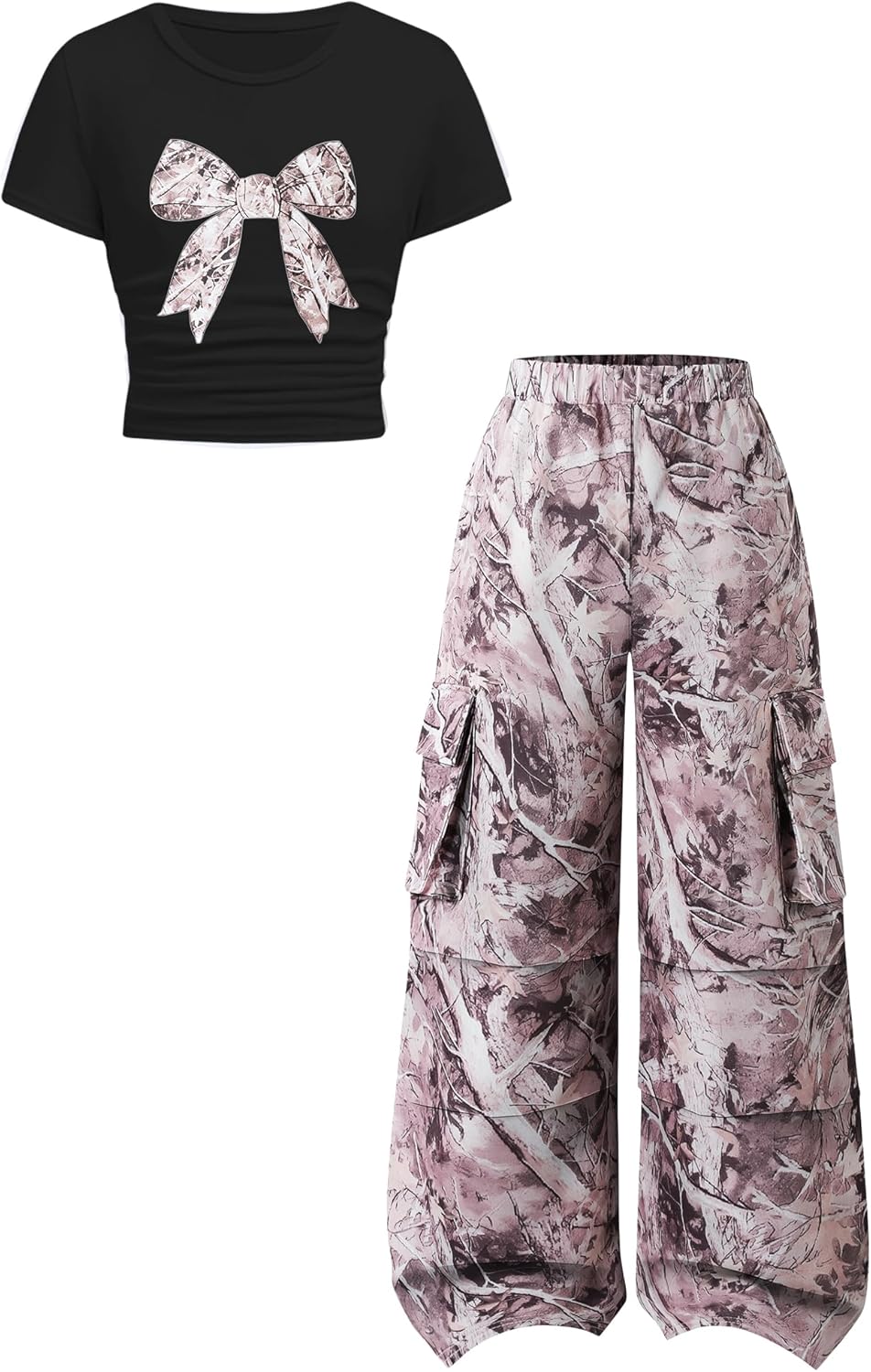 Tween Girls Clothes 2 Piece Outfit Bow T-Shirt Top + Cargo Pants Teen Girl Clothing Set, Sizes 7-16 Years