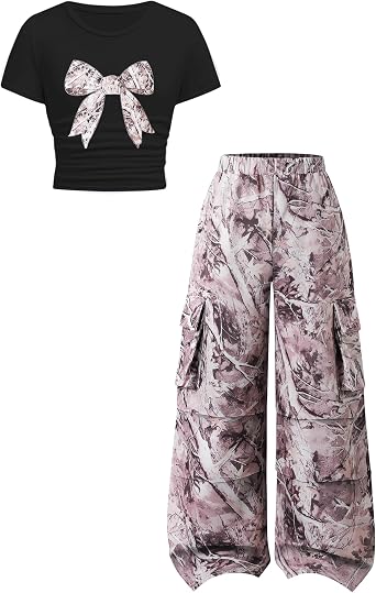 Azmxynol Tween Girls Clothes 2 Piece Outfit Bow T-Shirt Top + Cargo Pants Teen Girl Clothing Set, Sizes 7-16 Years