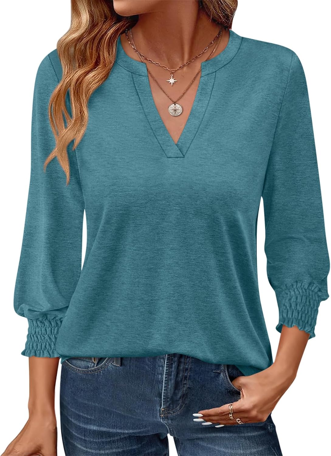 TICTICMIMI Women's V Neck 3/4 Sleeve T Shirts Dressy Summer Blouse Smocked Cuffs