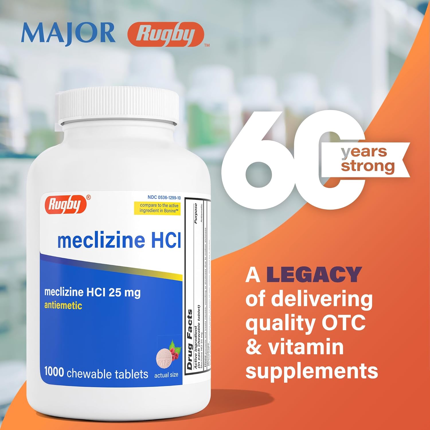 Rugby Meclizine Chewable Tablets 25mg - Anti-Nausea Support Helps with Symptoms of Motion Sickness - 1,000 Count