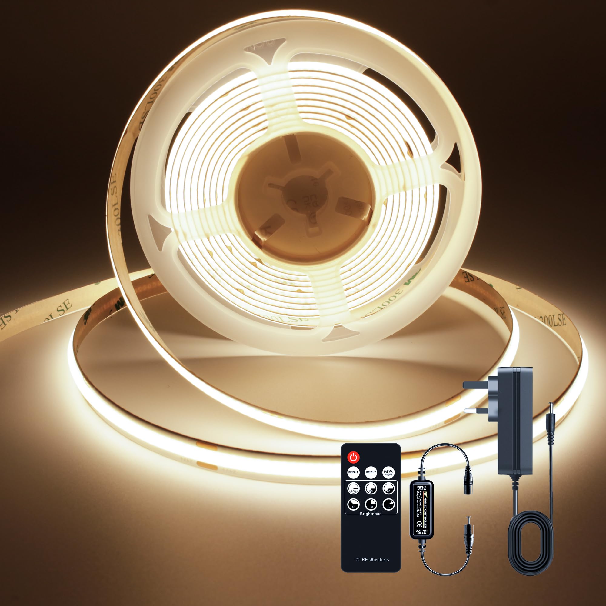 TTWAY COB LED Strip Lights 3000K, Dimmable LED Strip Kit, Super Bright 24V LED Tape Lights CRI90+ with RF Remote and UKCA Power Supply for DIY Home Decoration, 3M, 1440LEDs, Warm White.