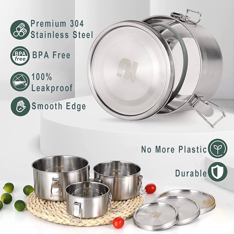 3 Boîtes Alimentaires Acier Inoxydable Nicelock - 450ml/750ml/1200ml - Hermétiques