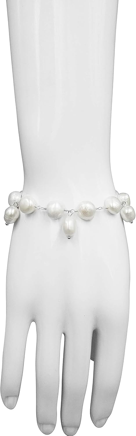 MGR MY GEMS ROCK! Genuine Cultured Fresh Water Pearl Charm Dangle Beaded-Chain Station Bracelet for Women