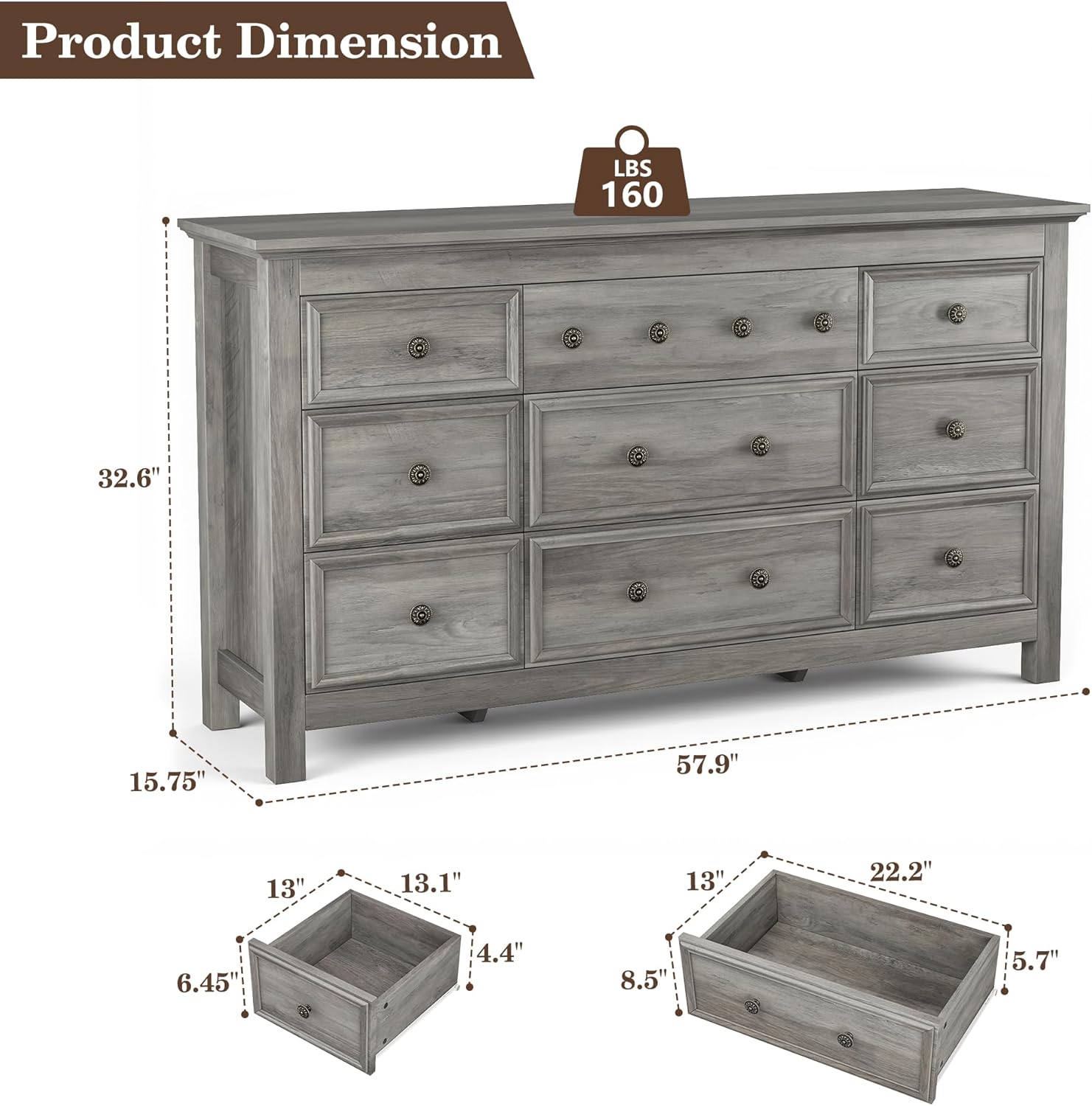 Grey 9 Drawer Dresser, 57" Large Dresser for Bedroom, Wood Chests of Drawers with Metal Handle, TV Stand for 70 inch TV, Rustic Storage Dressers Organizer for Bedroom, Hallway - Image 3