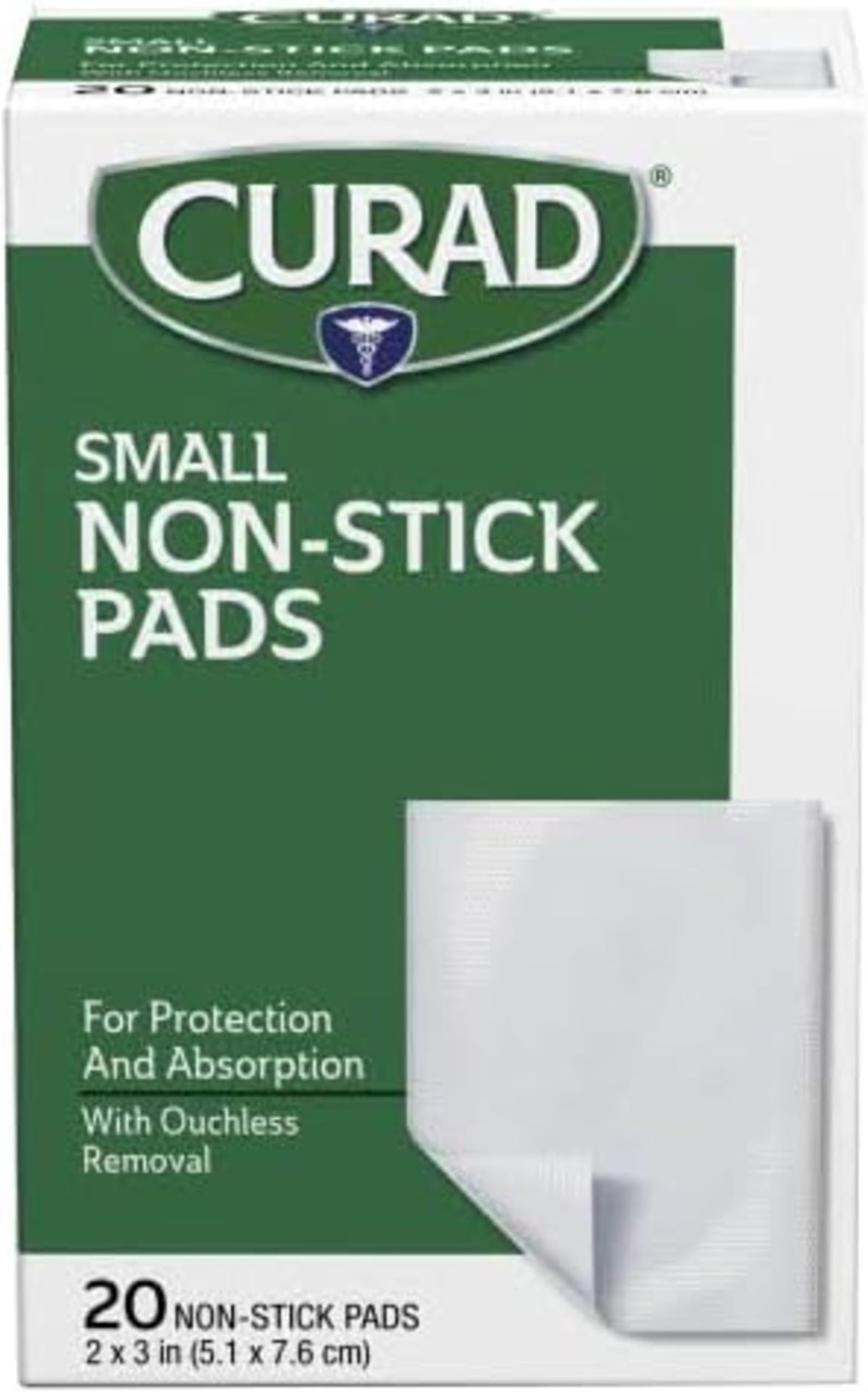 Curad Non-Stick Pads, 2 X 3 Inch(5.1 x 7.6 cm), 20 Count | Supports Wound Care and First Aid, Absorbent and Breathable for Healing, Ouchless Removal, Can Be Cut to Fit, Polyester Pad