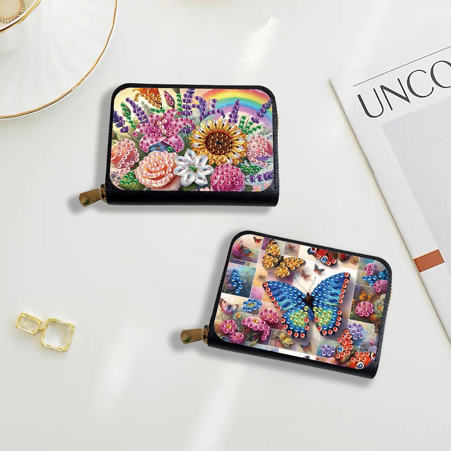 4pcs Cat Flower Butterfly Pattern Diamond Art Painting Minimalist Wallet DIY Rhinestone Painting Art Kit Credits card Pocket Organizer Storage Bag Handmade Craft Gift for Holidays and Everyday Use