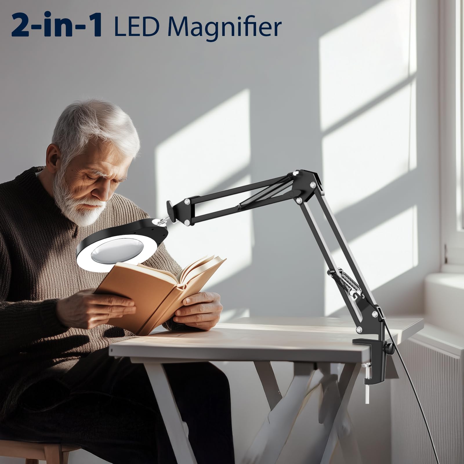 Lampada d'Ingrandimento 15X con Luce, 2 in 1 Base Larga e Clip, 5 Modalità Colore, Collo d'Oca Flessibile