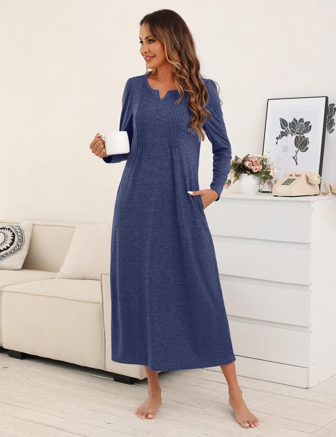 Marvmys Womens Cotton Long Sleeve Nightgowns Soft Ladies Sleep Shirts V Neck Full Length Night Shirts Sleepwear with Pockets - Image 3