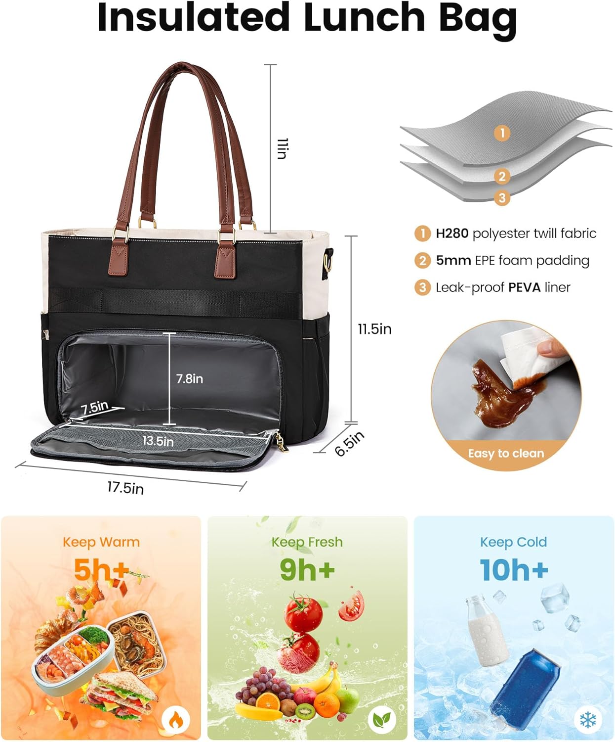 LOVEVOOK Lunch Bag, Tote Bag for Women with Insulated Lunch Compartment, Laptop Bag with Large Capacity & Cup Holder, Work Tote for Teacher, Nurse, Travel, College, Daily, Black-Beige-Brown, 15.6 Inch - Image 4