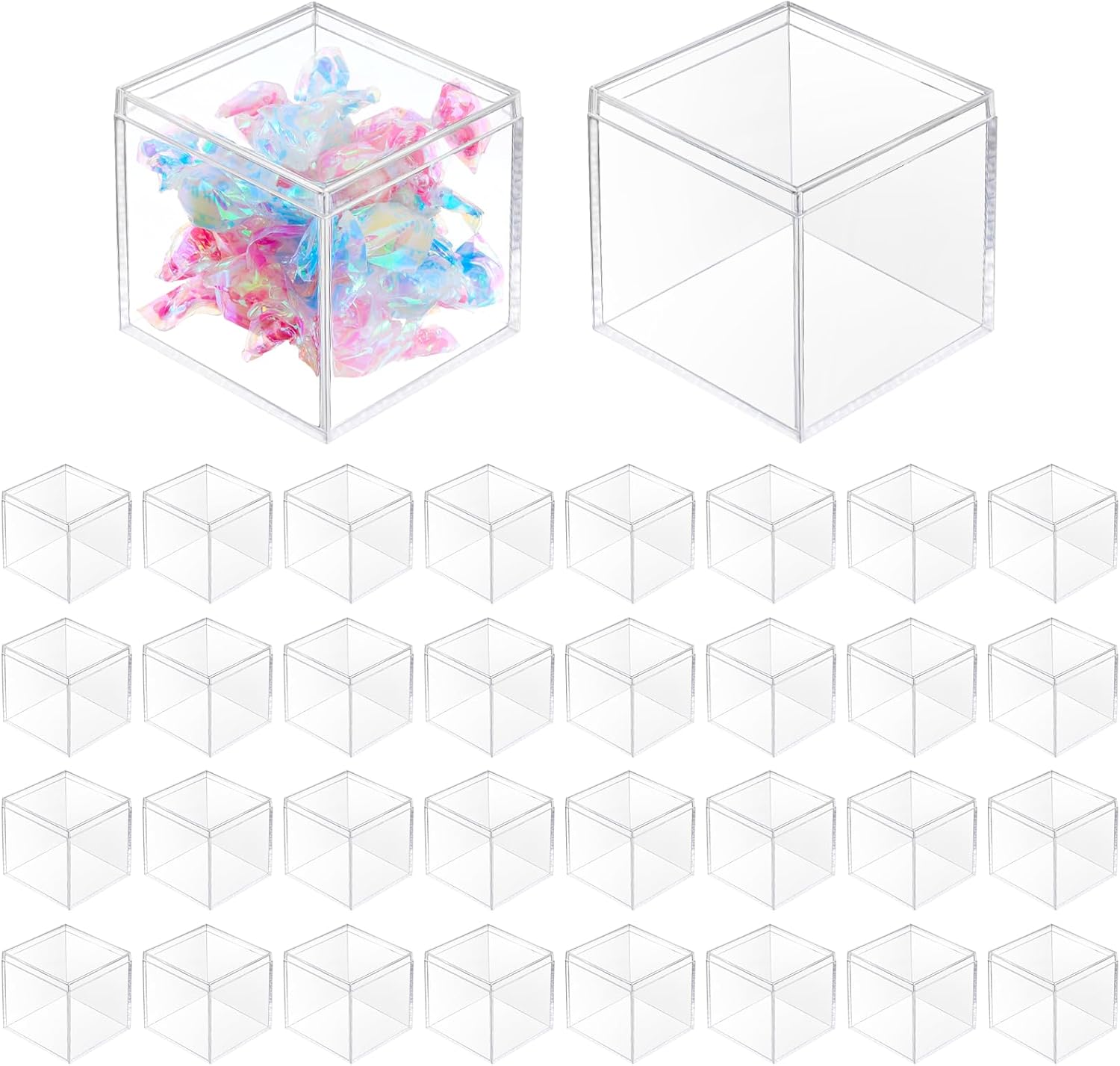 Ptwola 40Pcs Clear Acrylic Box with Lid Small Plastic Jewelry Display Box Mini Decorative Storage Case Cube Containers for Storage Stackable Candy Card Tiny Earring Jewelry Beads Wedding Party Favors
